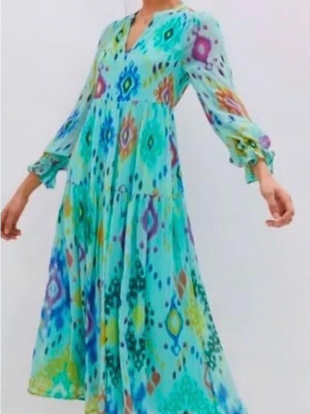 Anthropologie Turquoise Patterned Tiered Maxi Dress